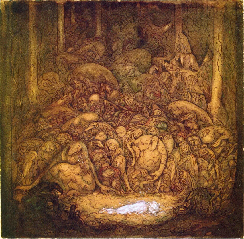 Zahlreiche langnasige Trolle versammeln sich im Wald um ein liegendes Kind — Illustration John Bauers zur skandinavischen Trollsage, 1917, gemeinfrei.