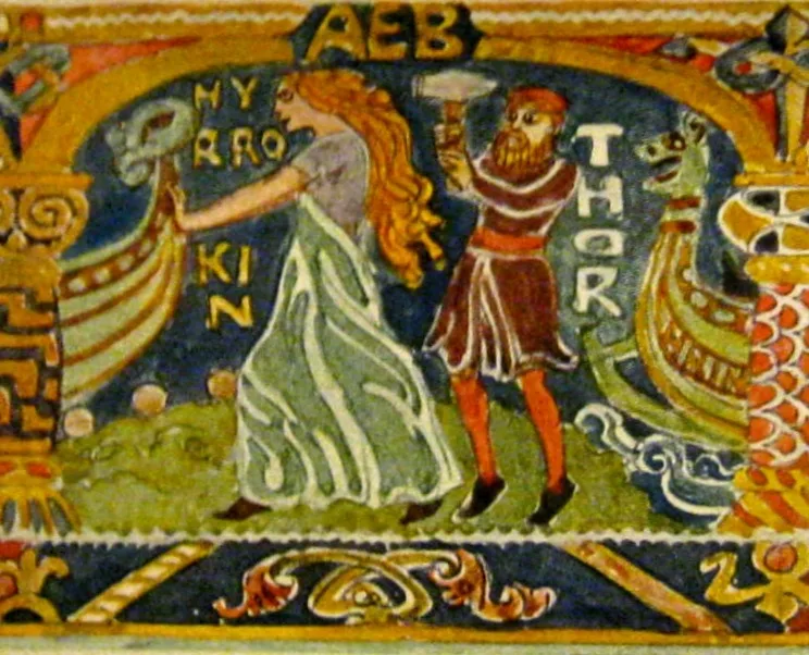 Farbige Buchillustration: Riesin Hyrrockin stößt Baldurs Schiff Hringhorn zu Wasser, Thor mit erhobenem Hammer daneben.