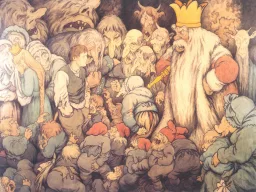Ein junger Mann steht in einer Felsenhalle inmitten zahlreicher Trolle, vor ihm ein gekrönter Trollkönig mit Zepter.