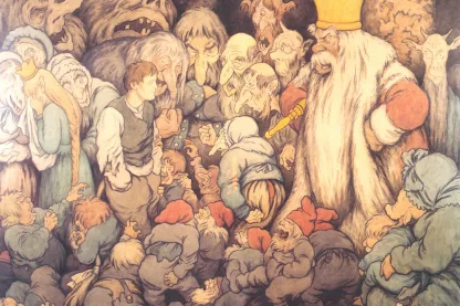 Ein junger Mann steht in einer Felsenhalle inmitten zahlreicher Trolle, vor ihm ein gekrönter Trollkönig mit Zepter.