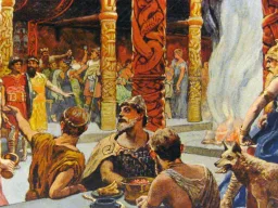 Farbillustration der Halle Walhall: Einherjer an der Tafel, eine Walküre schenkt ein, rechts Odin mit Flügelhelm neben seinem Wolf.