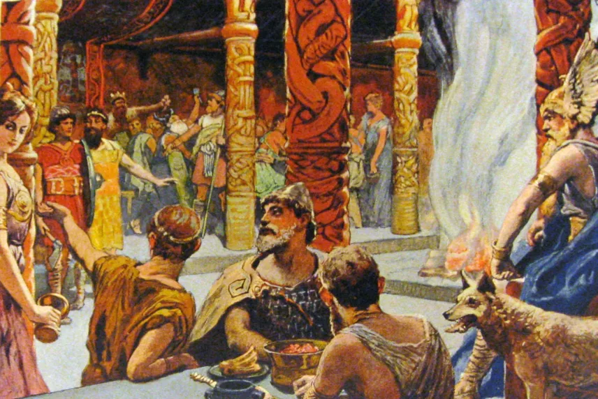 Farbillustration der Halle Walhall: Einherjer an der Tafel, eine Walküre schenkt ein, rechts Odin mit Flügelhelm neben seinem Wolf.