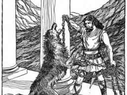 Federzeichnung von 1901: Ein Gott legt dem aufgerichteten Fenriswolf zwischen zwei Säulen eine Kette an.