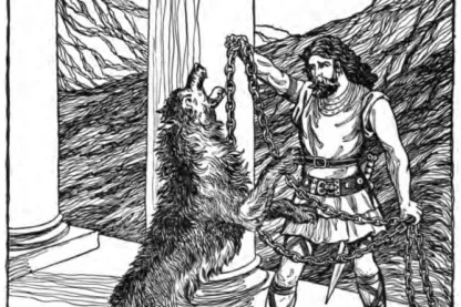 Federzeichnung von 1901: Ein Gott legt dem aufgerichteten Fenriswolf zwischen zwei Säulen eine Kette an.