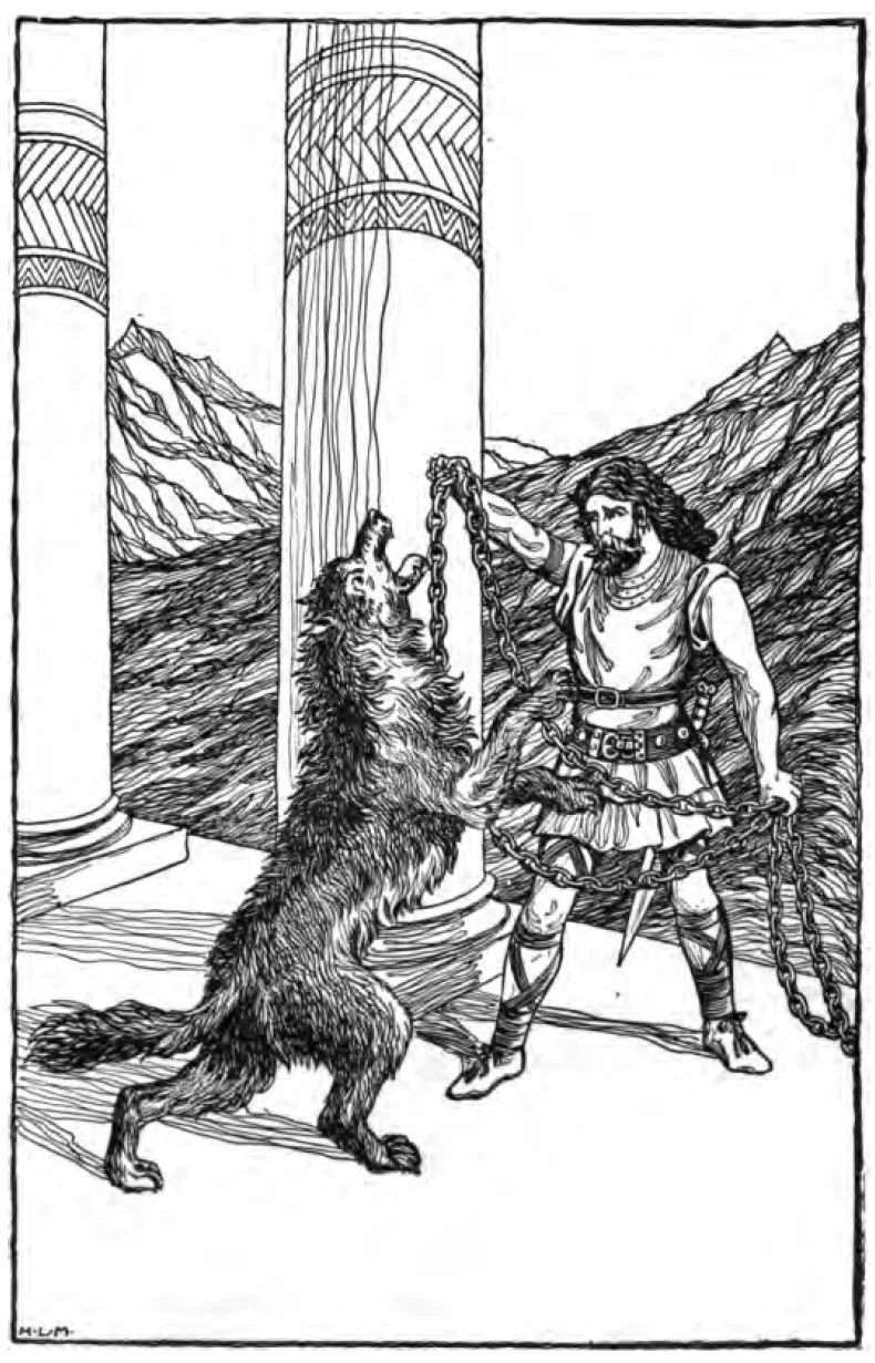 Federzeichnung von 1901: Ein Gott legt dem aufgerichteten Fenriswolf zwischen zwei Säulen eine Kette an.