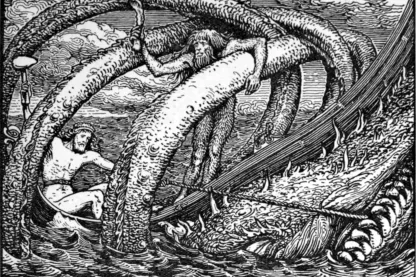 Gewaltige Windungen der Midgardschlange umschließen das Boot; Thor greift nach ihr, ein Riese liegt auf ihrem Leib.