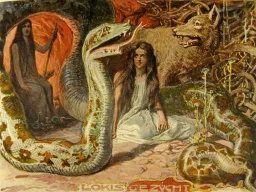 Hel sitzt zwischen der Midgardschlange und dem Fenriswolf, im Hintergrund vermutlich Angrboða; kolorierte Buchtafel von Emil Doepler von 1905