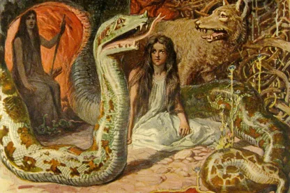 Hel sitzt zwischen der Midgardschlange und dem Fenriswolf, im Hintergrund vermutlich Angrboða; kolorierte Buchtafel von Emil Doepler von 1905