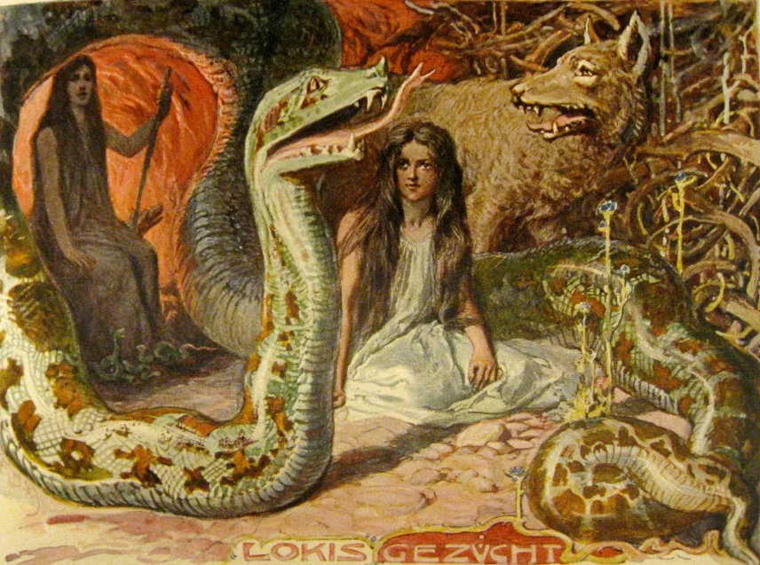 Hel sitzt zwischen der Midgardschlange und dem Fenriswolf, im Hintergrund vermutlich Angrboða; kolorierte Buchtafel von Emil Doepler von 1905