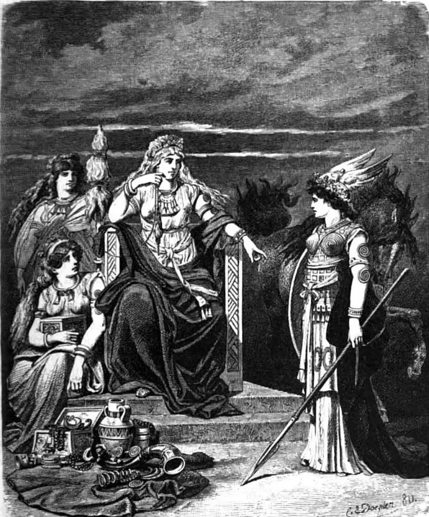 Frigg sitzend mit zwei Dienerinnen, historische Buchillustration von Carl Emil Doepler; die eine vermutlich Fulla mit dem Schmuckkästchen, die andere die Botin Gna mit Speer, im Hintergrund ein Pferdeumriss.