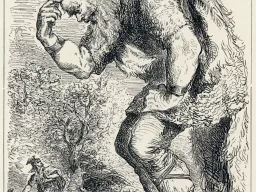 Der Riese Skrymir kratzt sich am Kopf, im Hintergrund läuft der Gott Thor mit erhobenem Hammer heran.