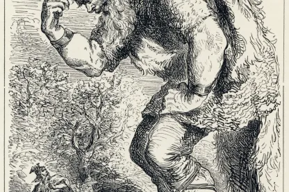 Der Riese Skrymir kratzt sich am Kopf, im Hintergrund läuft der Gott Thor mit erhobenem Hammer heran.