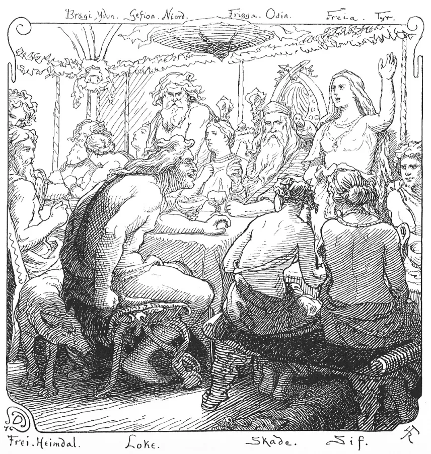 Loki sitzt im Vordergrund beim Gastmahl in der Halle Ögirs, ringsum sitzen Asen und Asinnen an der Tafel, die Namen der Figuren stehen am Bildrand; Federzeichnung von Lorenz Frølich von 1895