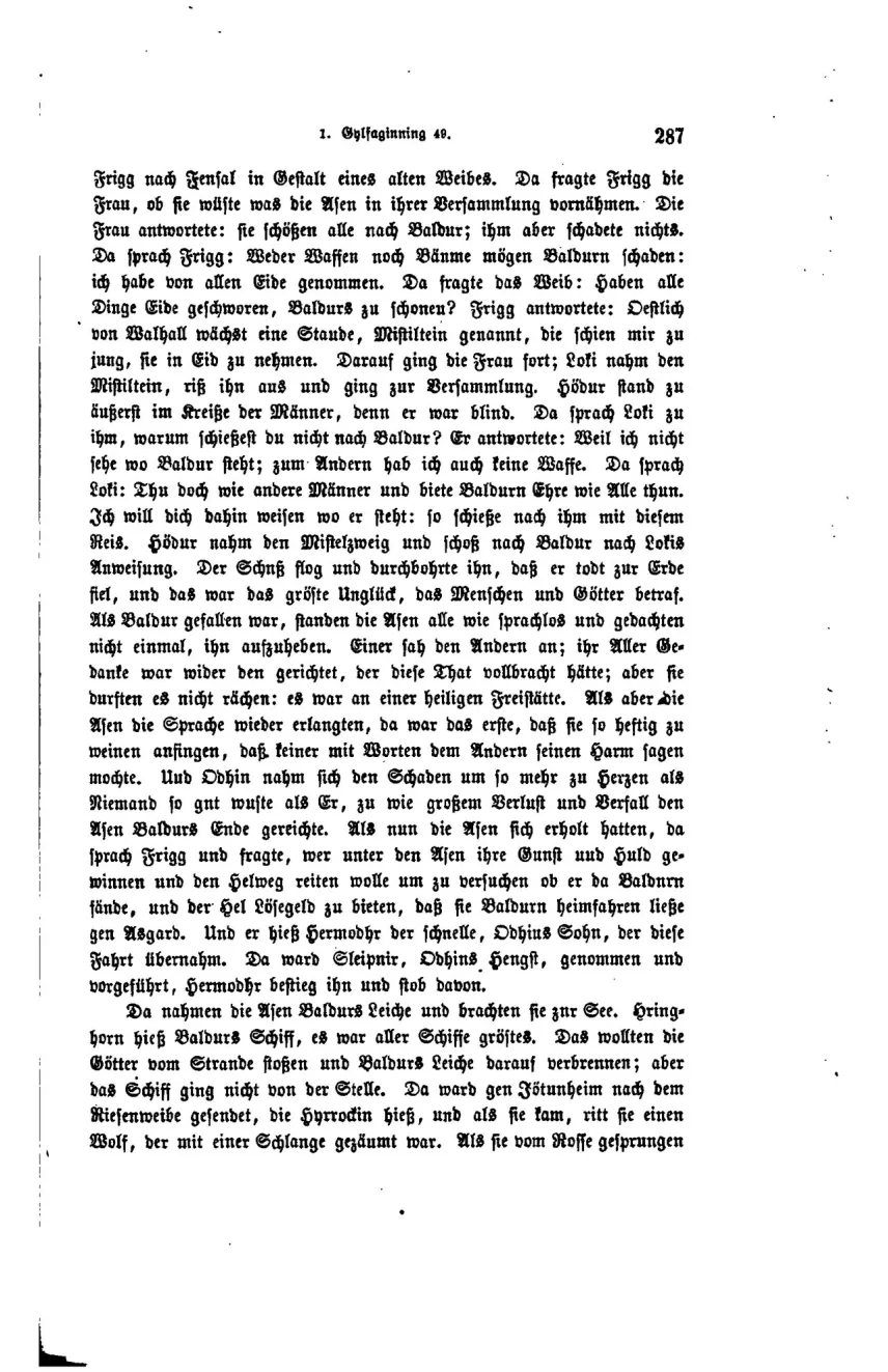 Seite 287 der Edda-Ausgabe Simrocks von 1876, gemeinfrei: Textstelle zu Eiden, Mistelzweig-Schuss und Baldurs Tod in Gylfaginnîng 49.