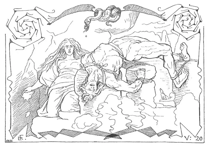 Der gefesselte Loki liegt auf Felsen, über ihm die Giftschlange, daneben sitzt Sigyn mit der Schale; Federzeichnung von Lorenz Frølich von 1895