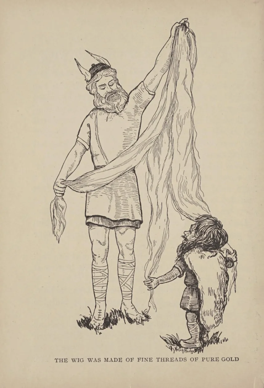 Der Zwerg Dvalin und Loki betrachten eine aus feinen Goldfäden gefertigte Perücke, Illustration einer nordischen Sagensammlung von 1871.