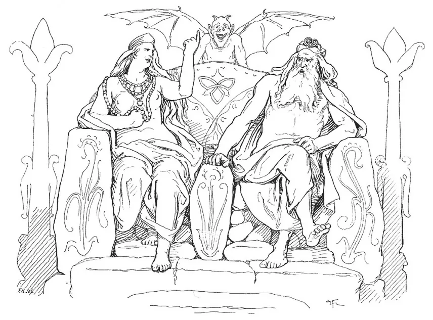 Odin und Frigg auf dem Hochsitz Hlidskialf, dazwischen eine geflügelte Nebenfigur mit erhobener Hand; historische Buchillustration von Lorenz Frølich.