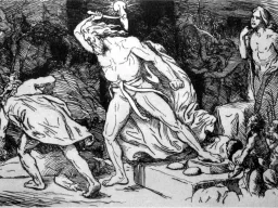 Thor mit erhobenem, strahlendem Hammer über dem am Boden kauernden Riesen Thrym, Buchillustration von Lorenz Frølich, 1906