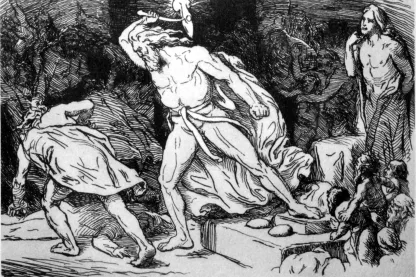 Thor mit erhobenem, strahlendem Hammer über dem am Boden kauernden Riesen Thrym, Buchillustration von Lorenz Frølich, 1906