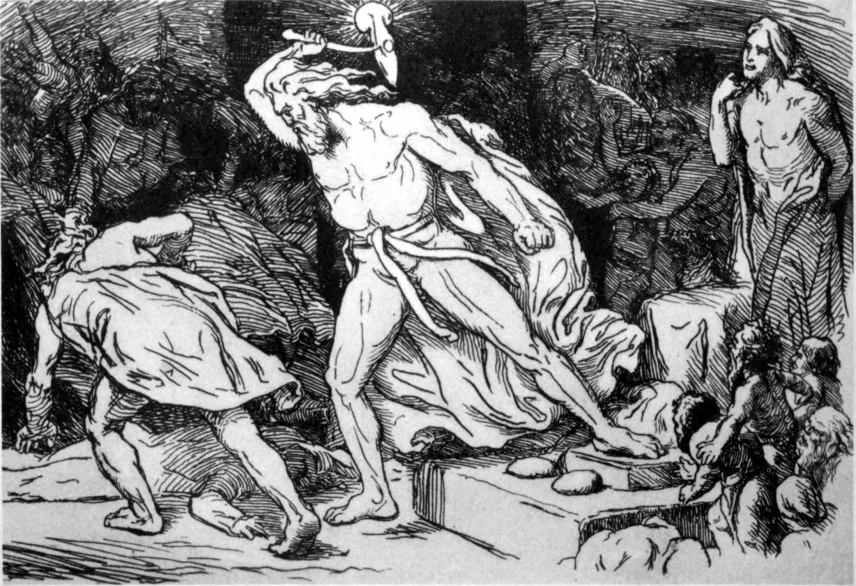 Thor mit erhobenem, strahlendem Hammer über dem am Boden kauernden Riesen Thrym, Buchillustration von Lorenz Frølich, 1906