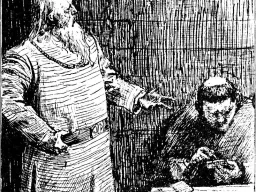 Federzeichnung: ein alter, bärtiger Mann weist auf eine jüngere Gestalt, die an einem Tisch vor einer Bretterwand schreibt.