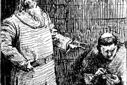 Federzeichnung: ein alter, bärtiger Mann weist auf eine jüngere Gestalt, die an einem Tisch vor einer Bretterwand schreibt.