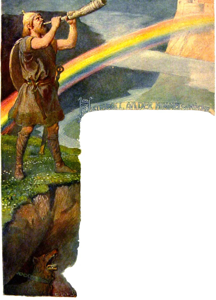 Heimdall bläst das Gjallarhorn an seinem Wachtposten vor der farbigen Regenbogenbrücke Bifröst, historische Buchillustration von 1905.