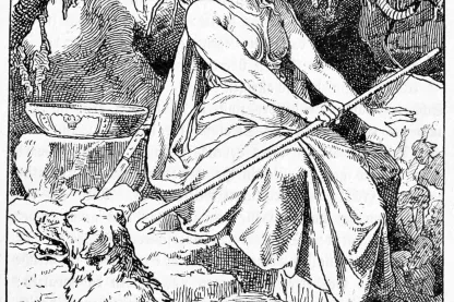 Hel als sitzende Gestalt mit langem Haar und Stab, zu ihren Füßen ein großer Hund; im Hintergrund eine Schlange, ein Kessel und eine Fels- und Wurzelkulisse. Buchillustration, 1888.
