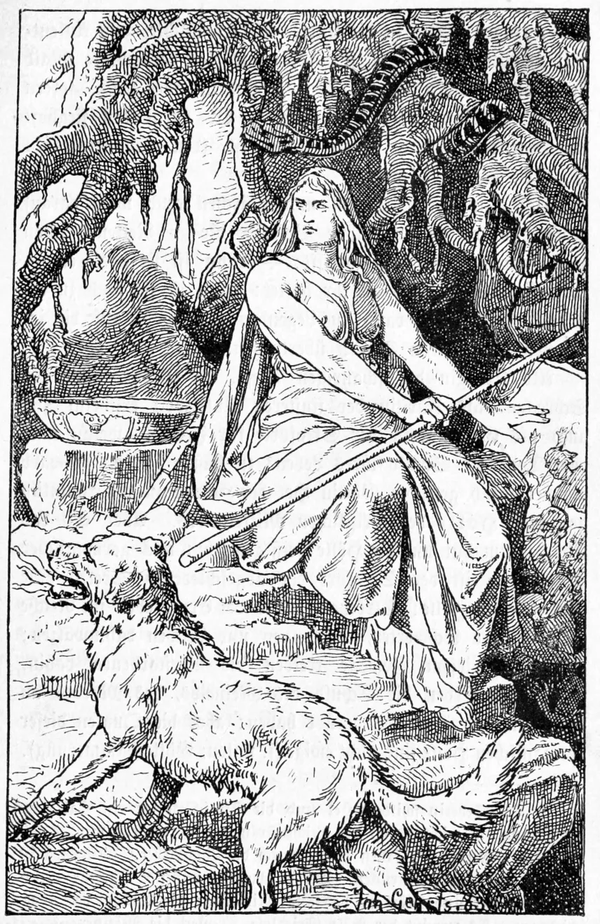 Hel als sitzende Gestalt mit langem Haar und Stab, zu ihren Füßen ein großer Hund; im Hintergrund eine Schlange, ein Kessel und eine Fels- und Wurzelkulisse. Buchillustration, 1888.
