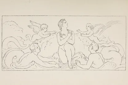Umrisszeichnung der aus dem Meer aufsteigenden Aphrodite, oben Eros und Himeros, unten zwei Tritonen