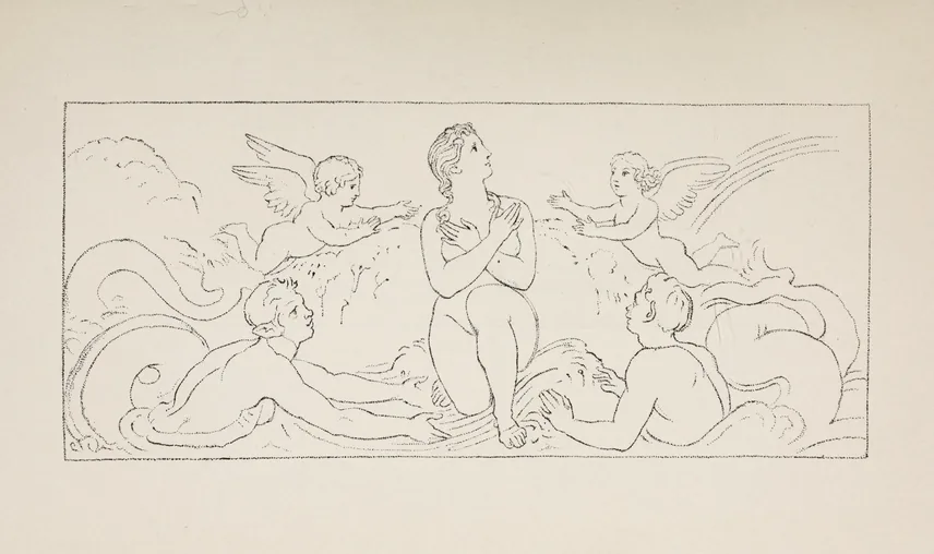 Umrisszeichnung der aus dem Meer aufsteigenden Aphrodite, oben Eros und Himeros, unten zwei Tritonen
